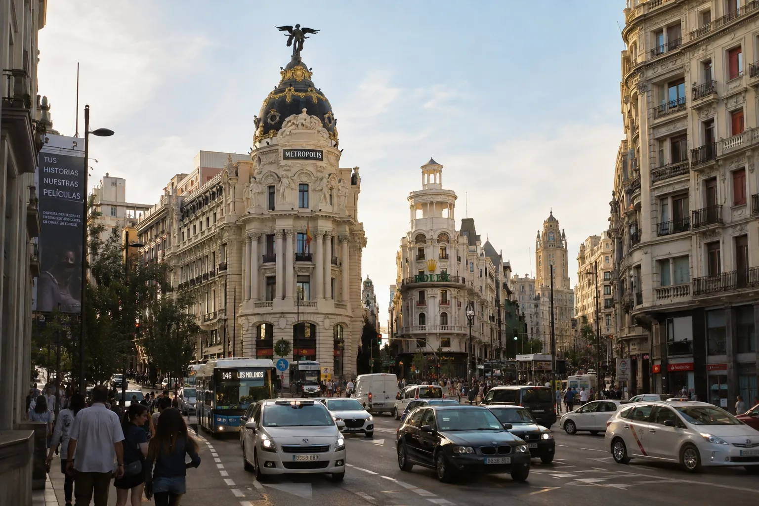 Edificio Metrópolis en la Gran Vía, la zona de teatros y musicales para una despedida de soltera en Madrid