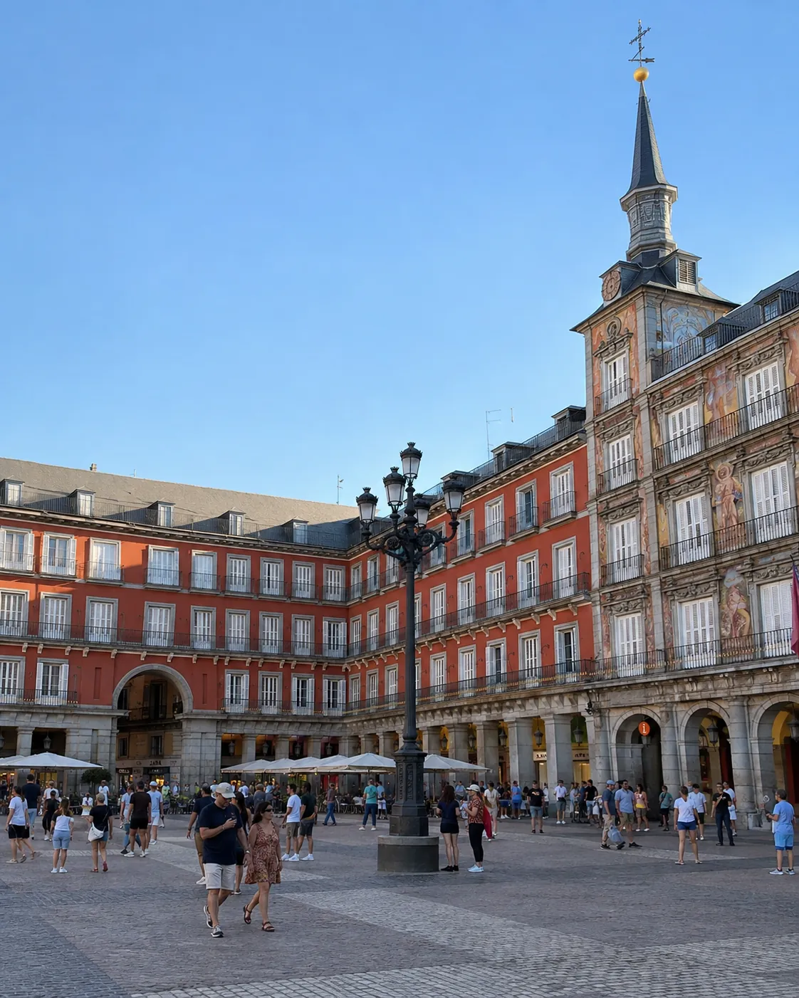 Plaza Mayor de Madrid con la Casa de la Panadería, su torre del reloj y gente paseando bajo los soportales